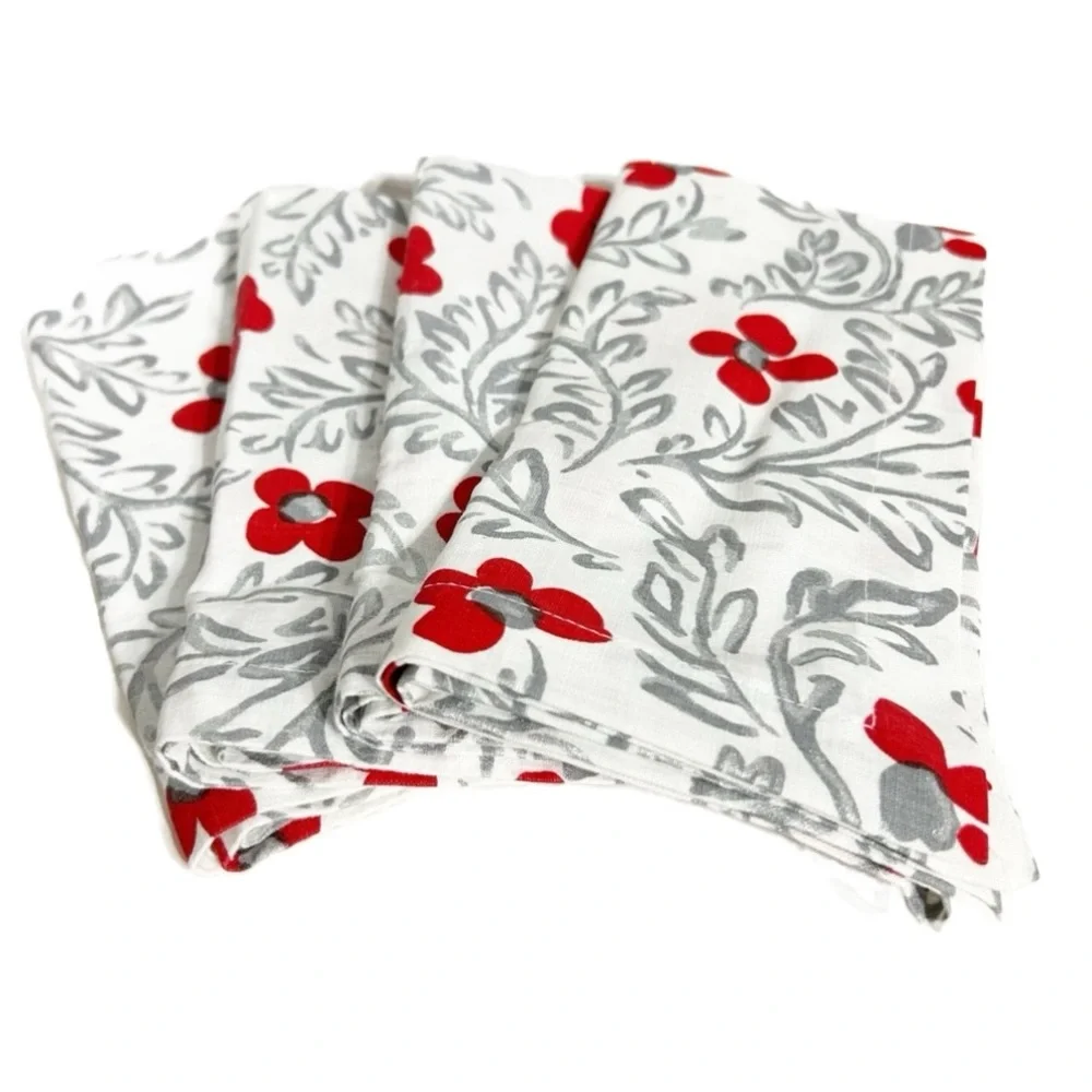 Kate Spade New York 100% Cotton Cloth Napkins Chic White Floral Red Soft Gray